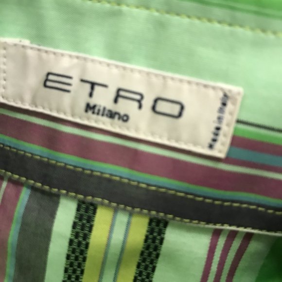 Etro Milano green purple stripes 100% cotton button up shirt i48 - Picture 7 of 9